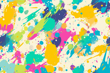 Obraz premium Colorful splashes and strokes of yellow, green, pink, and blue create a lively and chaotic pattern on a light beige background.