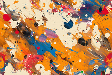 A seamless pattern with orange, red, blue, and black paint splashes on a beige background. The splashes create a chaotic and spontaneous visual effect.