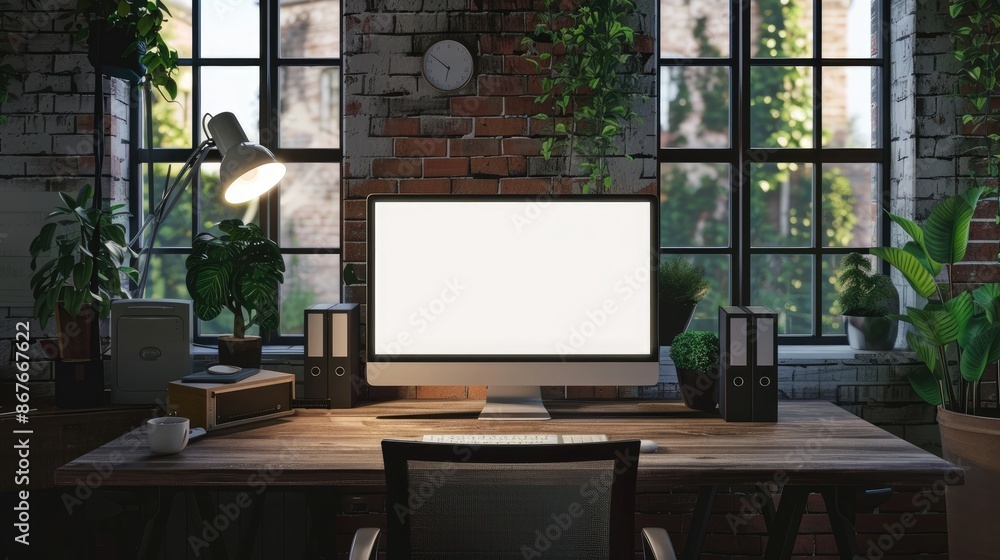 Poster elegant office setup with a blank computer screen
