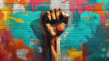 Naklejka premium Vibrant Street Art Fist Graffiti on Colorful Brick Wall