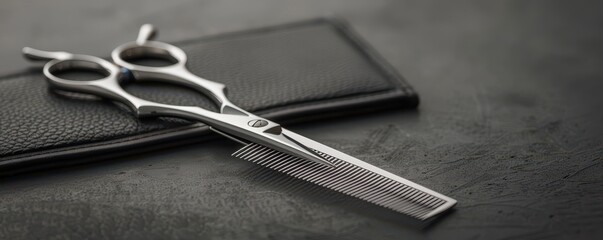 Close-up of scissors and comb on a stylist's table