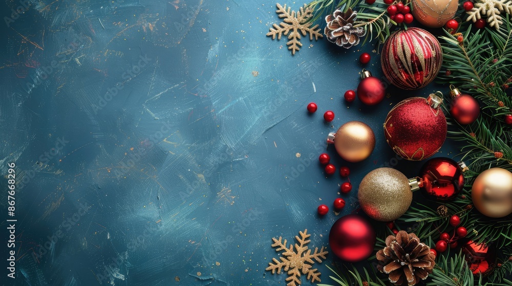 Poster flat lay of a holiday-themed background with ornaments and space for text