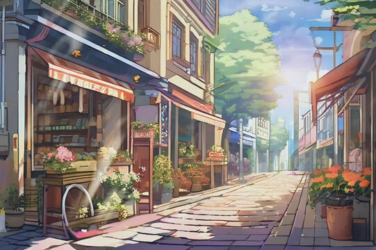 A charming street scene with quaint shops, cobblestone road, and a clear blue sky, evoking a serene and picturesque atmosphere