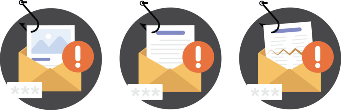 Fishing mail icon set, Fishing hook email and password, Data phishing and hacking icon, flat vector design. 