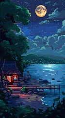 Obraz premium A serene night scene with a full moon illuminating a lakeshore cabin, a wooden dock, and a twinkling town in the distance.