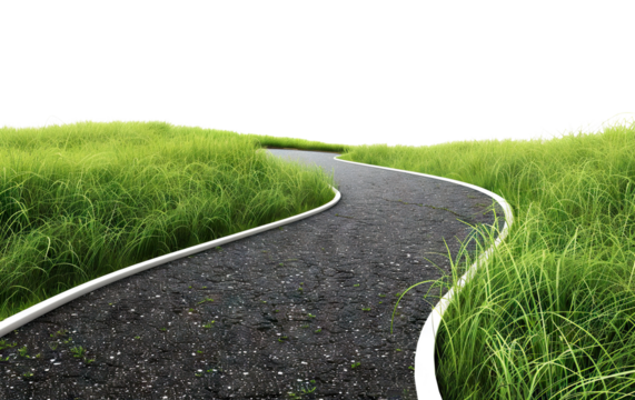 Winding asphalt path through green grass, cut out