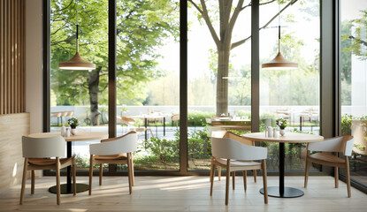 A restaurant with a view of a tree outside by AI generated image by AI generated image