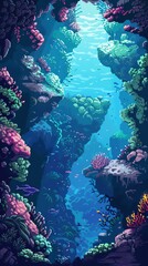 Fototapeta premium A vibrant underwater scene with coral reefs and colorful fish, bathed in sunlight filtering through the water.