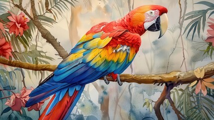 Obraz premium Colorful macaw on tree branches, jungle setting, watercolor, bright hues, intricate details, serene atmosphere