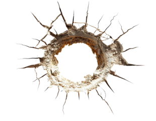 Bullet hole with cracked, jagged edges, cut out