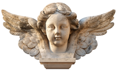 A carved sandstone cherub face with wing