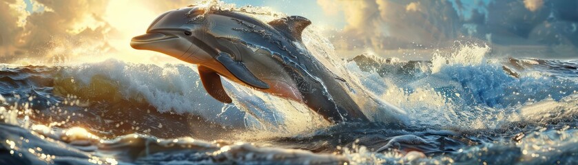 Fototapeta premium Dolphin leaping out of the ocean, splashing waves, realistic, bright sunlight, high detail, vibrant colors