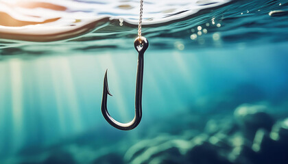 Fishing hook on string underwater. Clear sea or ocean water background.