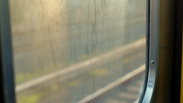 Window of a commuterline electric train in the morning with a view of the tracks and neighboring neighborhoods, yellowish sunlight , closeup