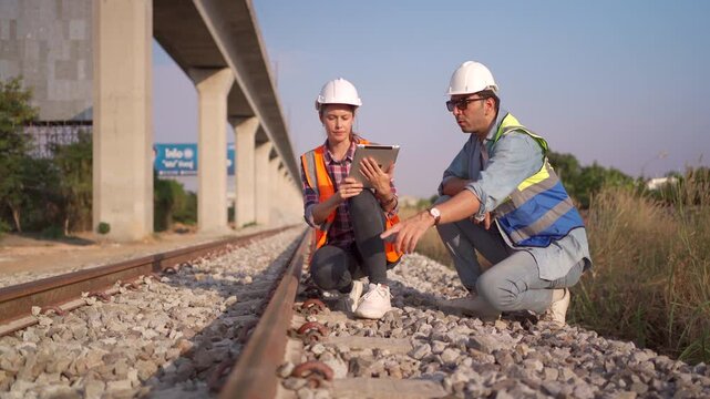 team of railway engineers is conducting a survey of the train tracks to perform maintenance and safety inspections.