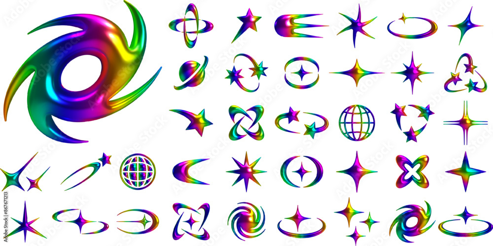 Poster set of y2k geometric 3d render holographic shapes with rainbow metallic shiny chrome surface. trendy