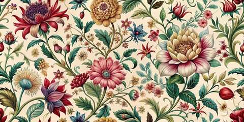 Intricate ornate seamless floral repeat featuring blooming flowers, vines, and foliage in rich jewel tones on a soft cream background, evoking nostalgia and elegance.