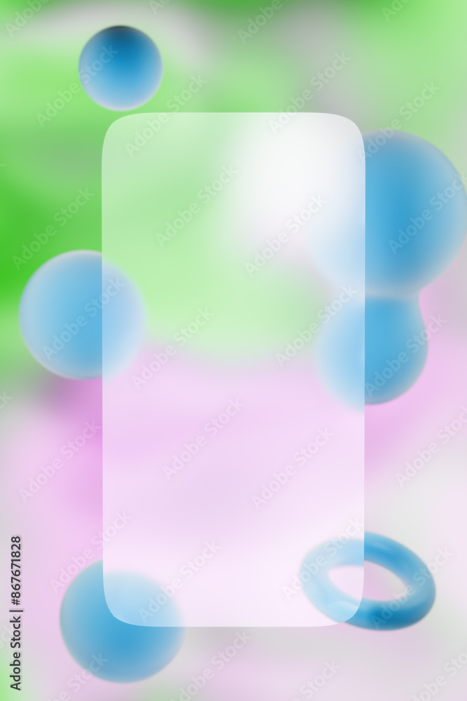 Poster abstract colorful background with blue circles and a white glass rectangular center. 3d rendering