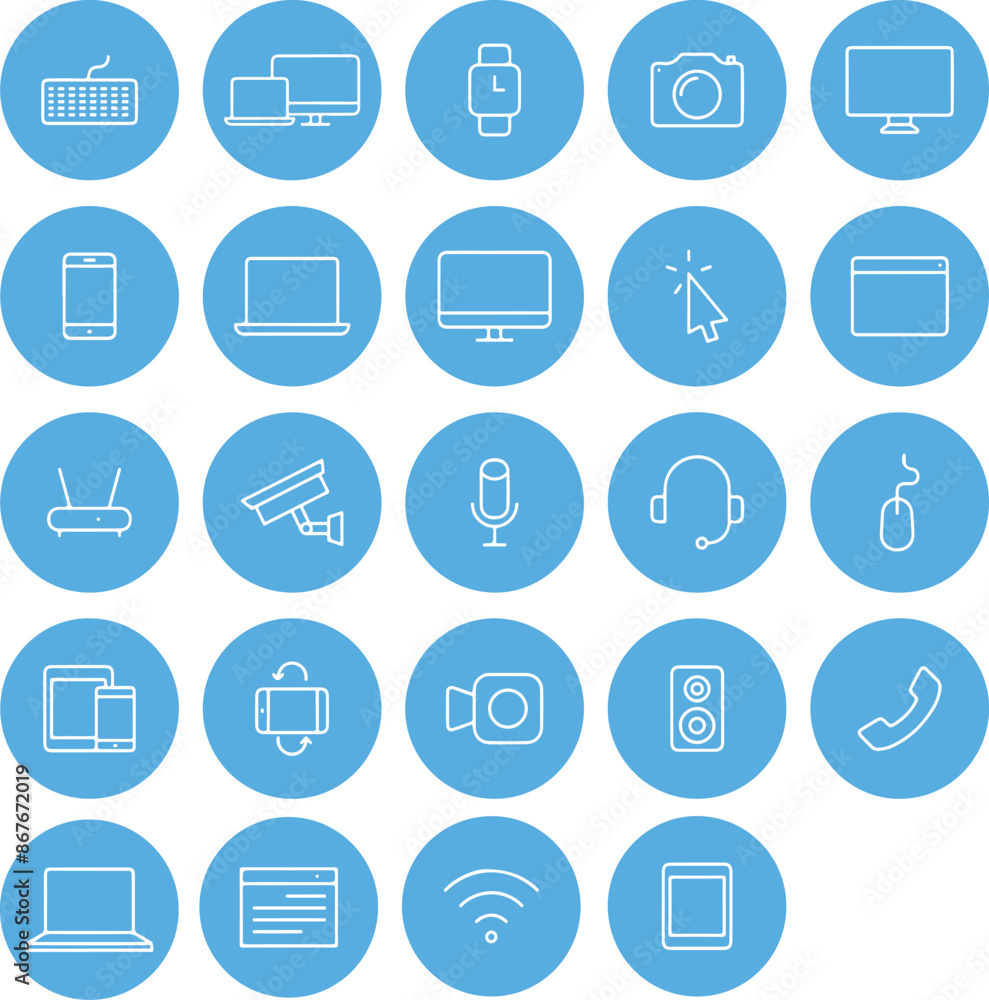 Aufkleber round circle blue button icon set of tech technology device computer monitor smartphone tablet lapto