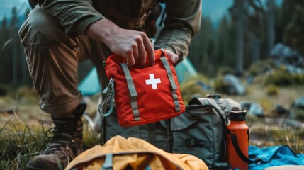 High-quality photo of a male hand taking a first aid kit out of a backpack pocket, showing camping equipment and a compact mini first aid kit. Generative AI