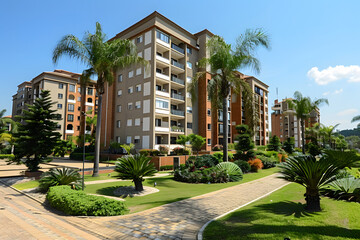 Obraz premium Luxurious Residential Tower Facade in High-End Campus Setting, Modern Architecture and Urban Living Concept