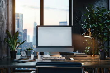 Fototapeta premium Mockup computer. Sleek modern computer with white screen placed on a minimalist desk in a modern office setting