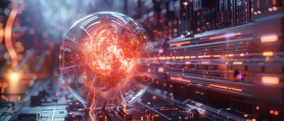 Fototapeta premium An ultra-realistic depiction of a futuristic energy sphere harnessing the dynamic beauty of fusion reactions, glowing intensely in the heart of a cutting-edge high-tech laboratory