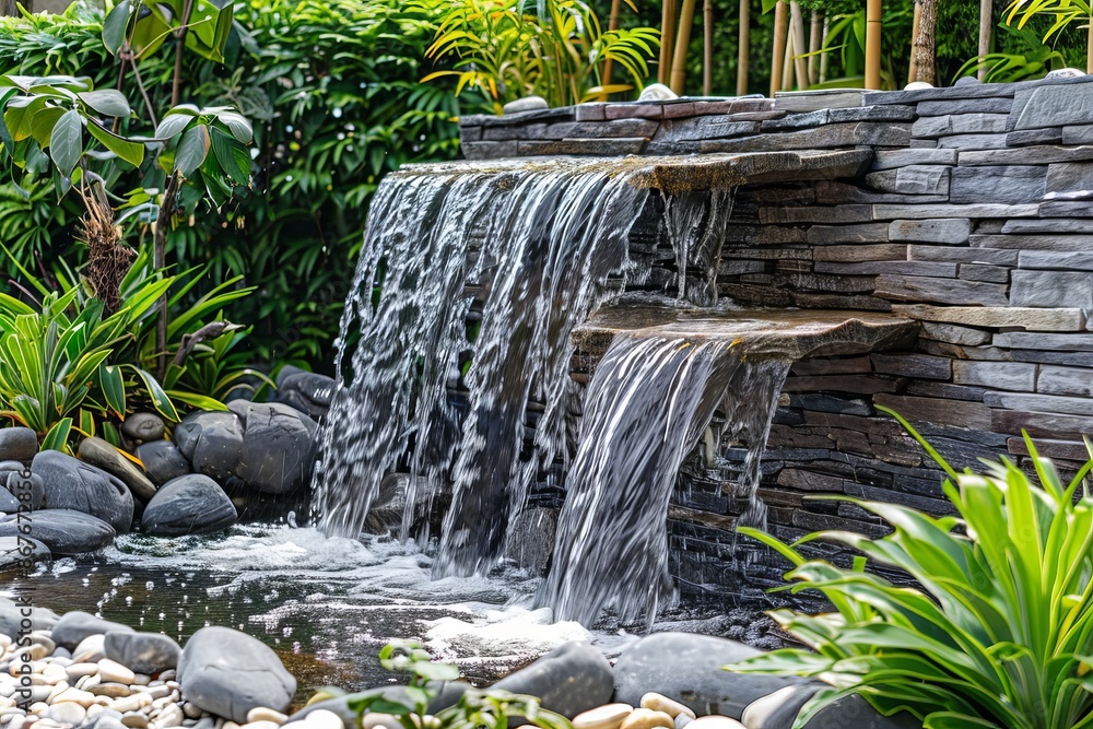 Sticker Serene man-made waterfall among lush greenery, perfect as a tranquil wallpaper or background