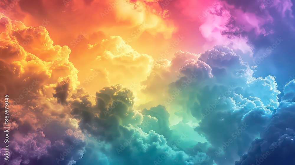 Poster in the evening there are beautiful rainbow clouds floating above the dark clouds creating a captivat