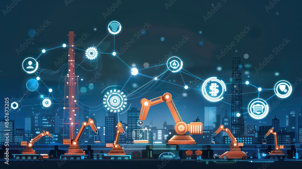 Poster Industry 4.0 technology concept - Smart factory for fourth industrial revolution with icon graphic showing automation system by using robots and automated machinery controlled via internet network