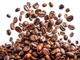 Obraz premium Falling coffee beans in mid-air, scattered and overlapping, with a soft focus effect, isolated on a pure white or transparent background, perfect for designs.