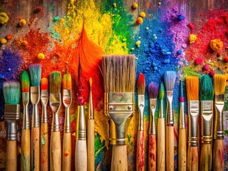 Fototapeta premium Vibrant paint brush splatters cover a canvas, surrounded by a row of artist brushes in a variety of colors and sizes, capturing creative artistic expression.