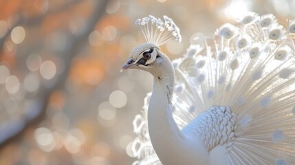 Fototapeta premium A majestic white peacock with its feathers spread, symbolizing beauty and good fortune. 