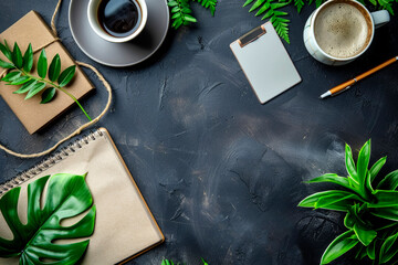 flatlay of a black desktop with home flowers, a notepad, pencils and a cup of coffee with an empty space in the middle.