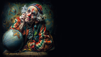 Fototapeta premium Old clown in a colorful costume, sitting on the ground, with his head resting on his hand, smiling and holding a world globe. Copy space on black background, aspect ratio 16:9