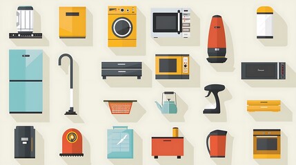 Collection of flat design icons representing common household items and appliances refrigerator washing machine vacuum cleaner and microwave oven ideal for home improvement and lifestyle blogs