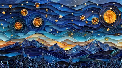 Detailed paper quilling art of a night sky filled with stars and mountain peaks