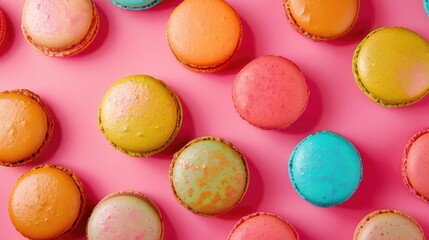 Obraz premium Colorful macarons arranged on a bright pink surface