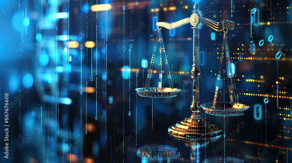 Poster law scales on background of data center. digital law concept of duality of judiciary, jurisprudence 