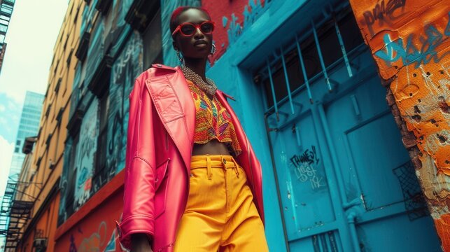 Powerful editorial image with vibrant fashion and urban backdrop