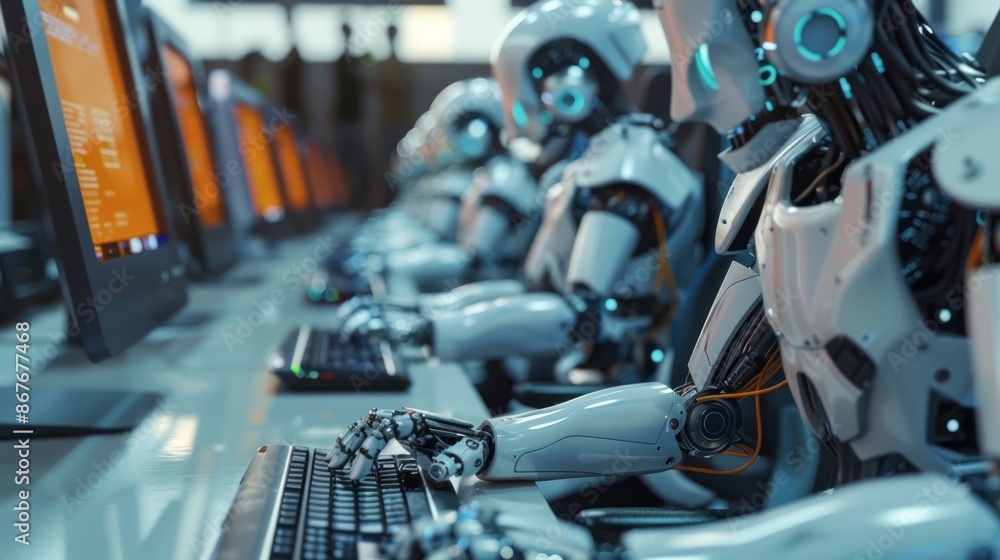 Poster A row of humanoid robots work diligently at their individual computer workstations in a modern office setting