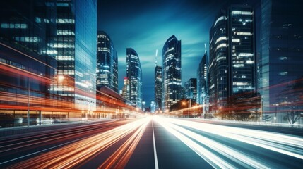 Fototapeta premium Light trails on the modern building background. Light trails at night in urban environment, Abstract Motion Blur City, traffic, transportation, street, road, speed