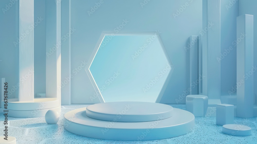 Poster minimal scene with hexagonal podium and abstract background. geometric shape. blue pastel colors sce