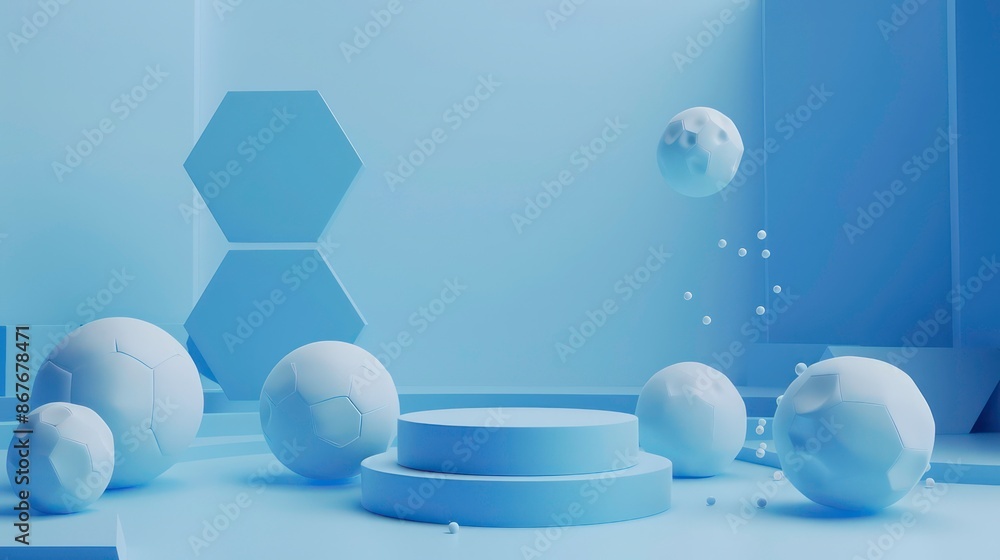 Poster minimal scene with hexagonal podium and abstract background. geometric shape. blue pastel colors sce