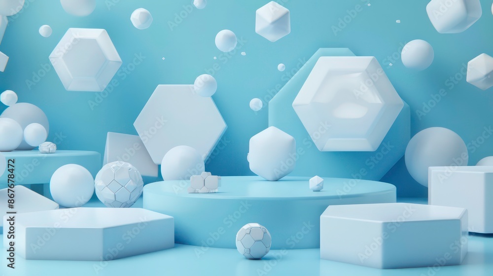Poster minimal scene with hexagonal podium and abstract background. geometric shape. blue pastel colors sce
