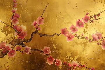 Cherry blossoms on a golden fissured texture create a serene wallpaper, perfect for a calming background