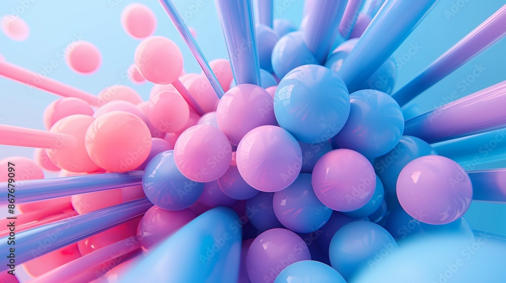 Poster a bunch of colorful balls with pink and blue spheres. the balls are arranged in a way that they look