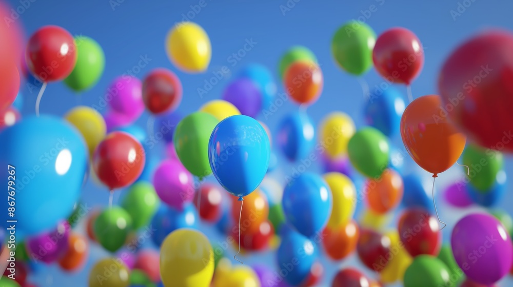 Poster a bunch of colorful balloons floating in the sky. the balloons are of different colors and sizes, cr