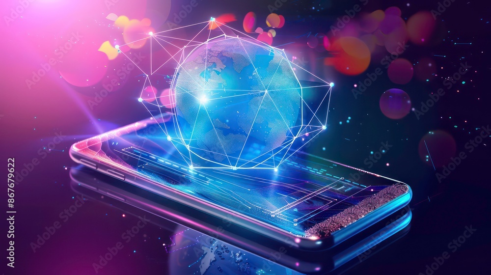Poster mobile global internet communications. world wide web on phone via wireless satellite network techno