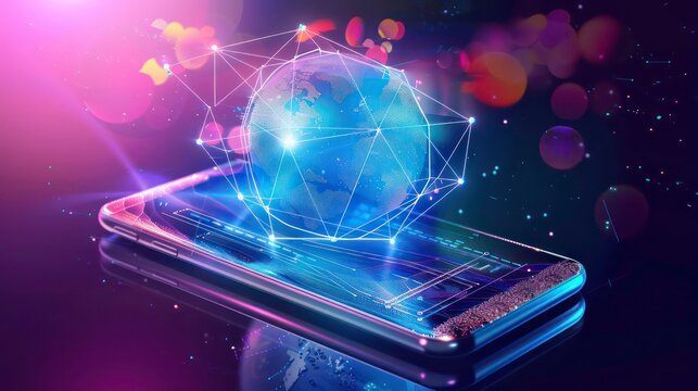 Mobile global internet communications. World wide web on phone via wireless satellite network technology. Smartphone digital connection at clouds services of all earth. Holographic abstract interface
